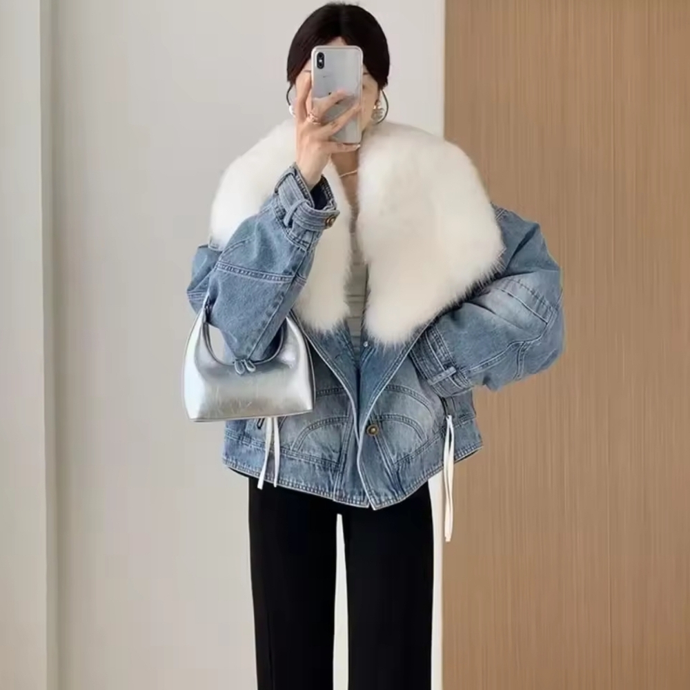 Winter Fur Collar Coat Denim Short Casual White New Fox Fur